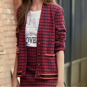 <NWOT> Sandro Sheni Tweed Checkered Wool Cotton Blend Jacket in Red Size 1